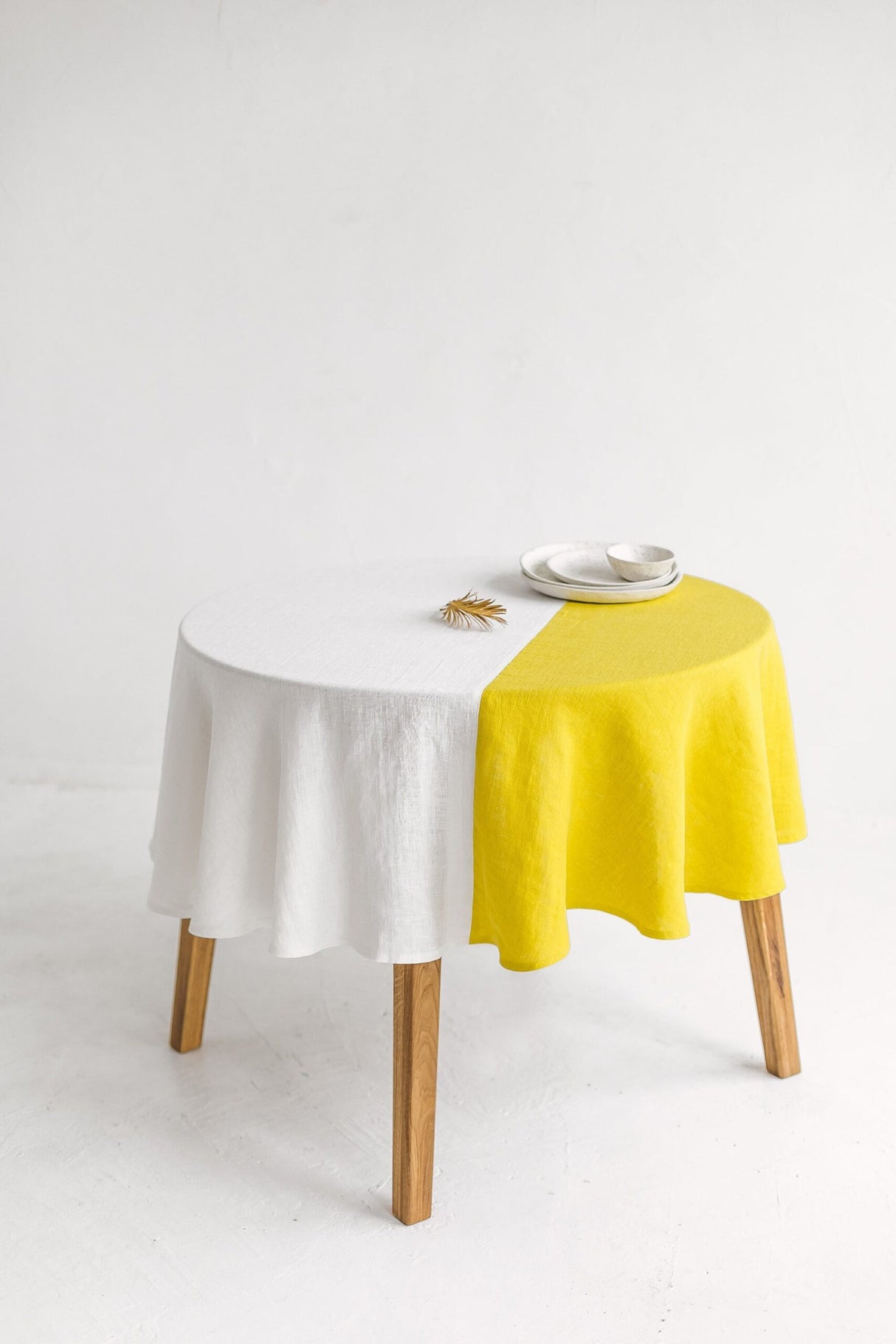 Color Block Yellow Round Linen Tablecloth, Off White Soft Round Linen Tablecloth