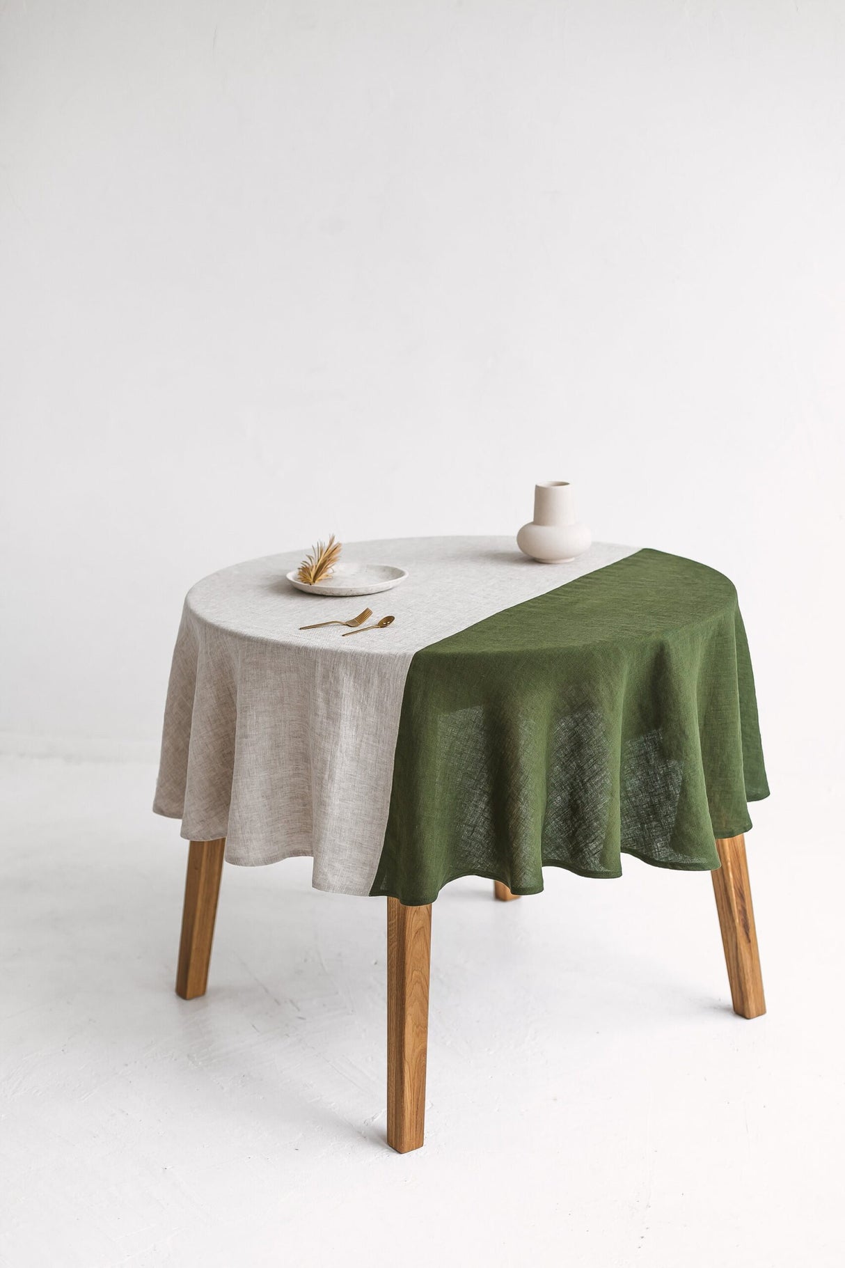 Color Block Yellow Round Linen Tablecloth, Off White Soft Round Linen Tablecloth