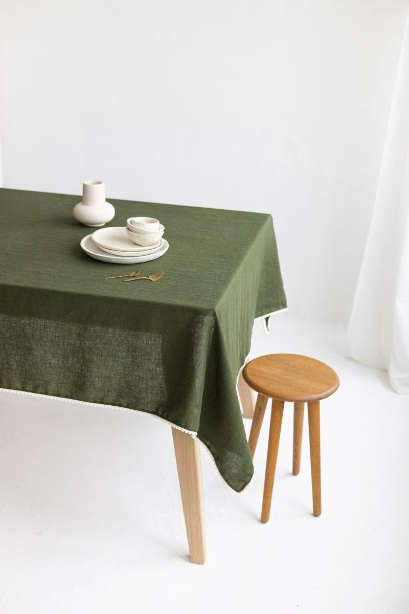 Cloud Grey Linen Pom Pom Tablecloth, Linen Table Cloth With Tassel