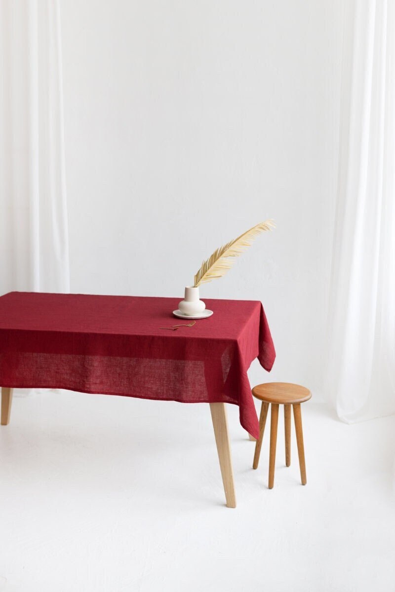 Red Linen Tablecloth, Soft Linen Christmas Tablecloth, Linen Handmade Table Cloth
