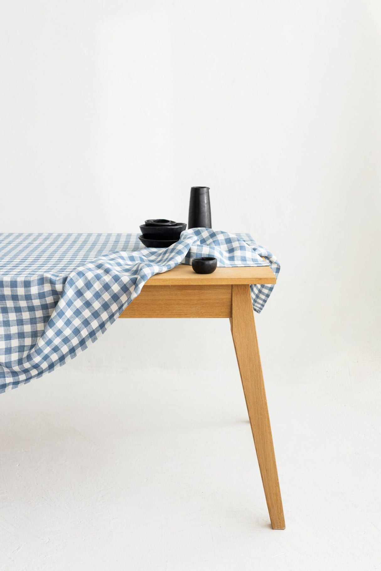 Light Blue Gingham Linen Tablecloth, Soft Linen Tablecloth