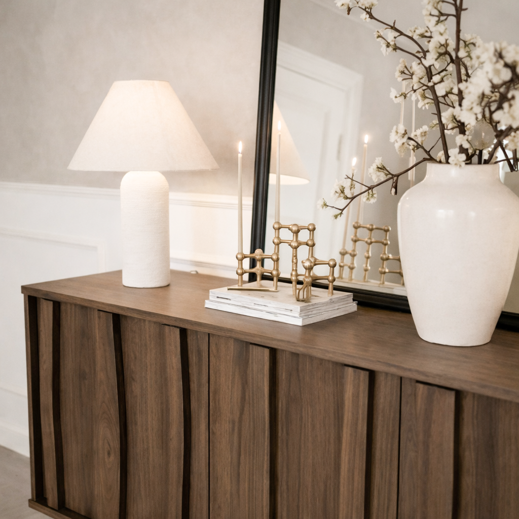 Mid-Century Natural Wood Cabinet With Sculpted Front Detail For Living Room