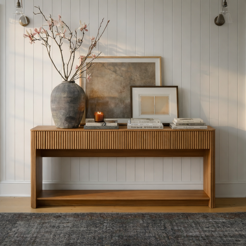Mid-Century Natural Wood Console Table With Drawers And Lower Shelf For Living Room