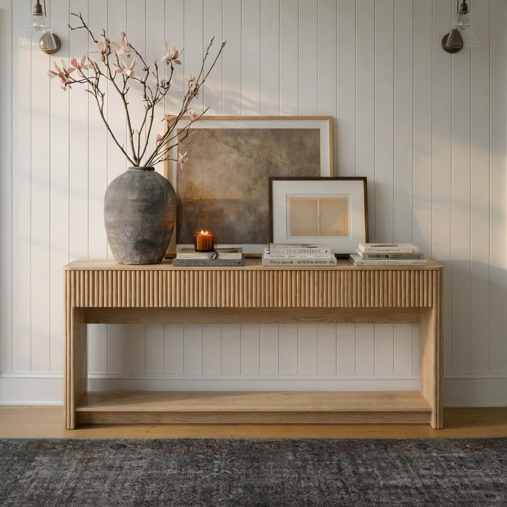 Mid-Century Natural Wood Console Table With Drawers And Lower Shelf For Living Room