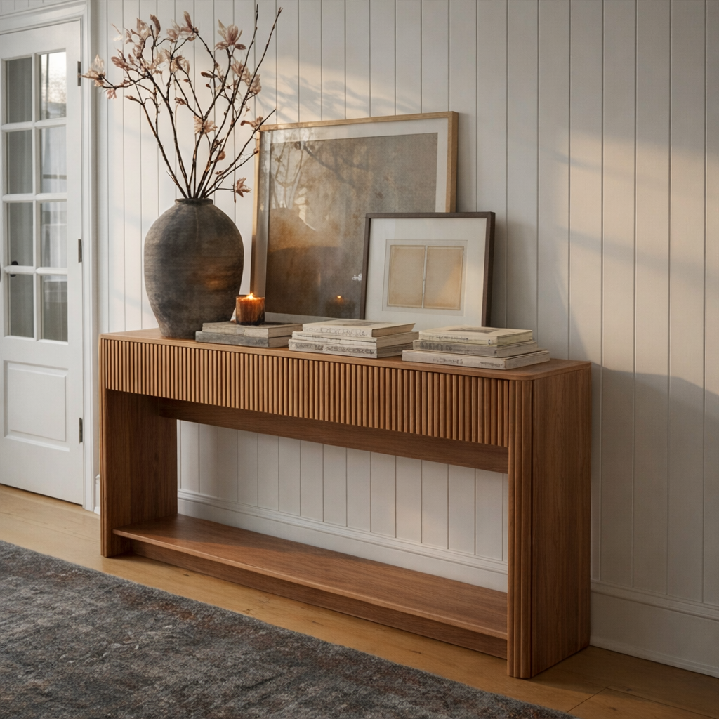 Mid-Century Natural Wood Console Table With Drawers And Lower Shelf For Living Room