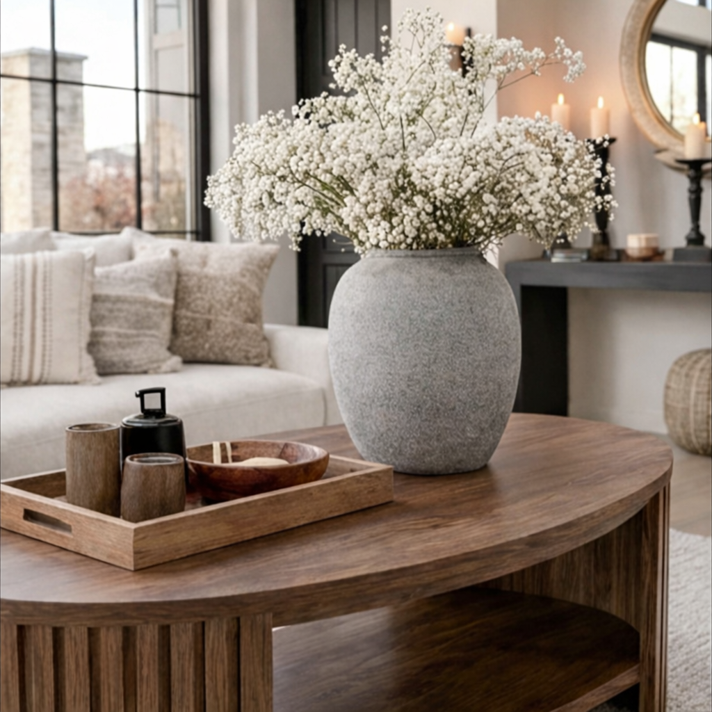 Mid-Century Natural Wood Oval Coffee Table With Fluted Base And Open Shelf For Living Room