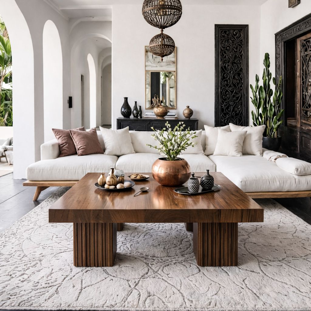 Modern Natural Wood Coffee Table With Fluted Pedestal Base For Living Room