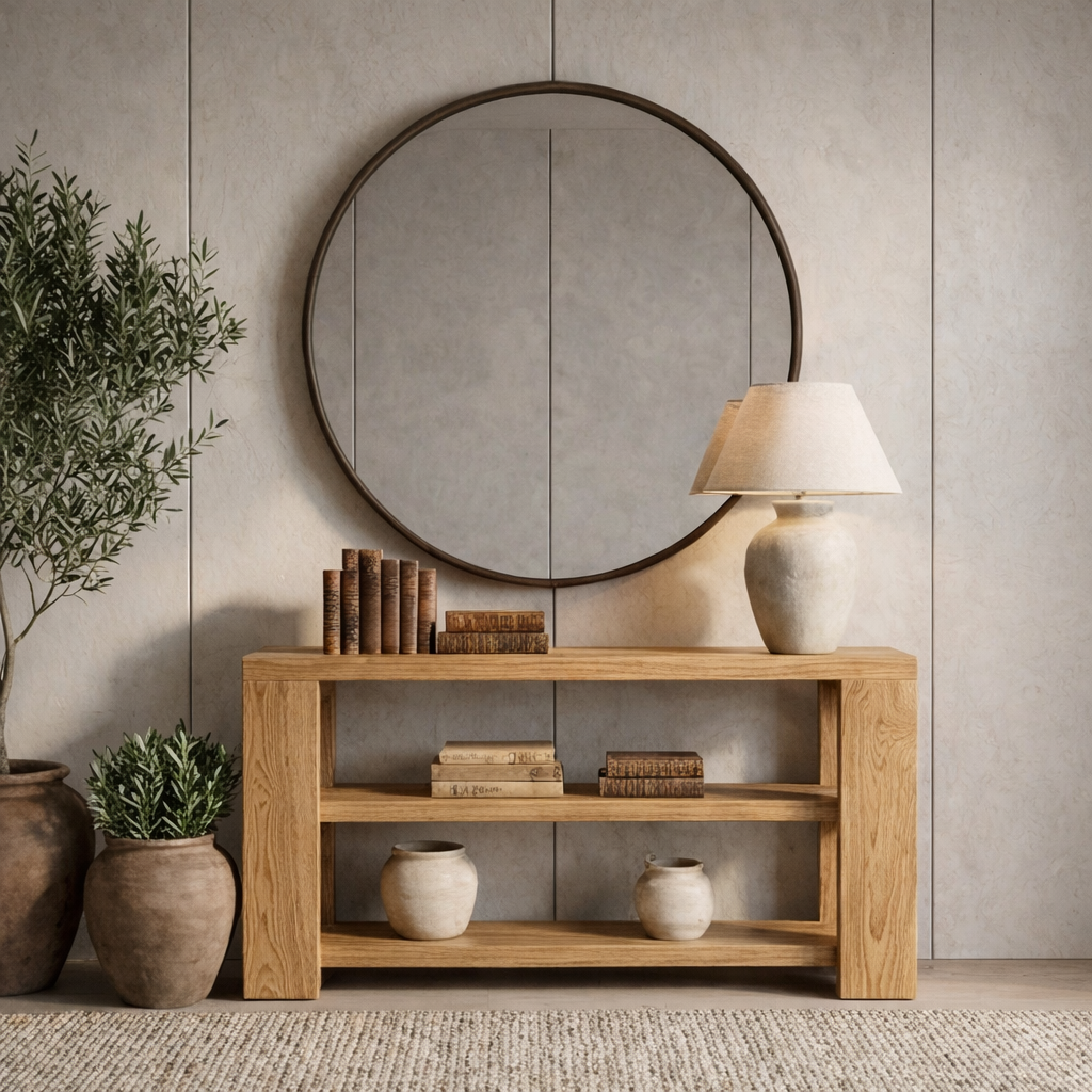 Modern Natural Wood Console Table With Open Shelves And Thick Frame For Living Room