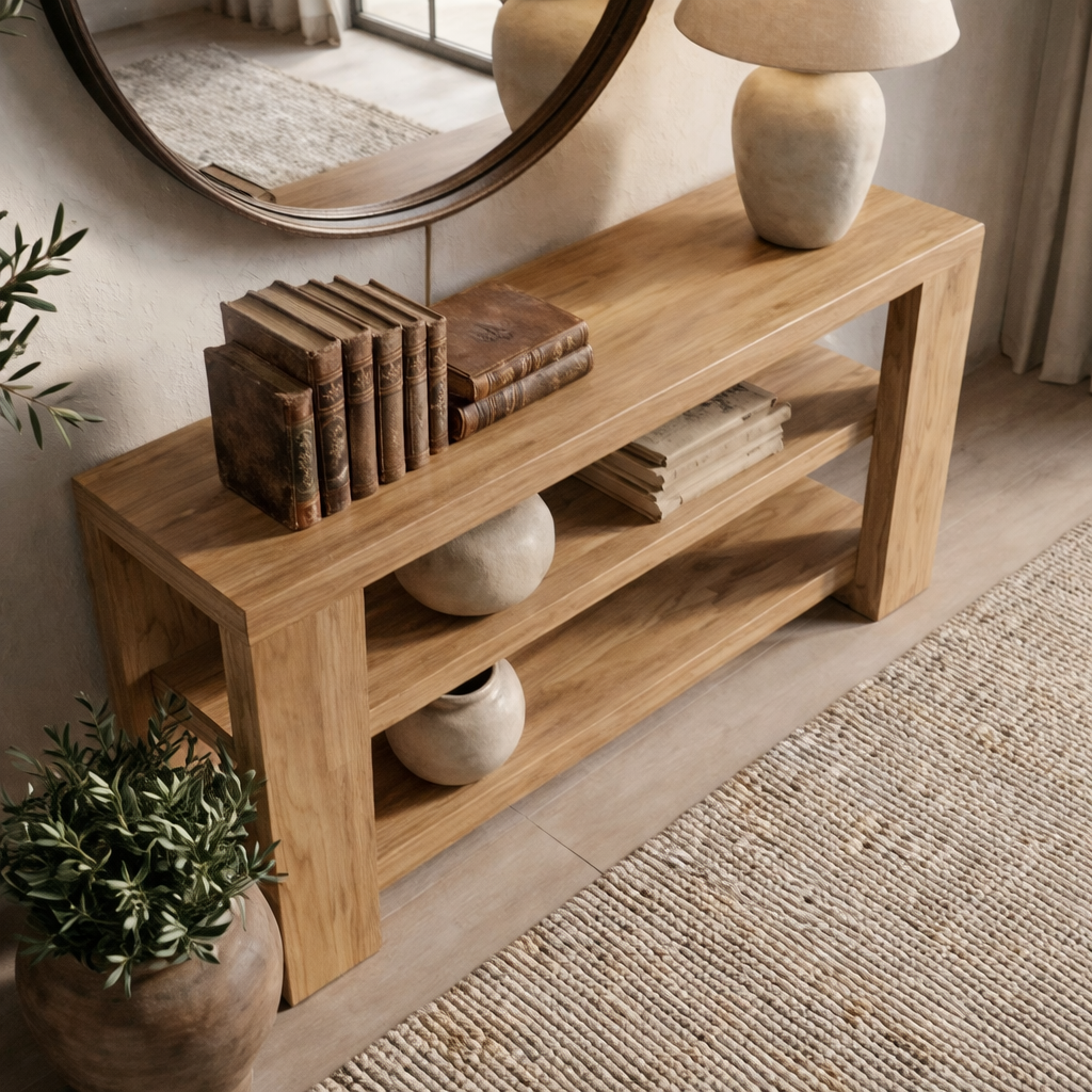 Modern Natural Wood Console Table With Open Shelves And Thick Frame For Living Room