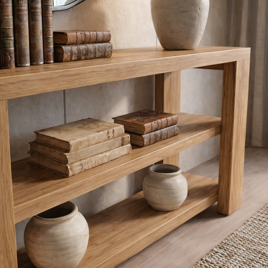 Modern Natural Wood Console Table With Open Shelves And Thick Frame For Living Room
