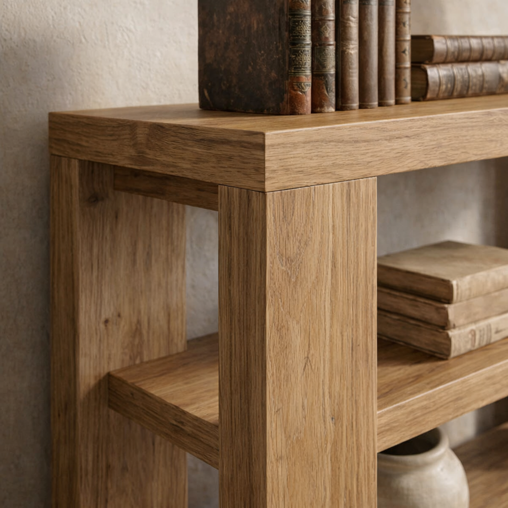 Modern Natural Wood Console Table With Open Shelves And Thick Frame For Living Room