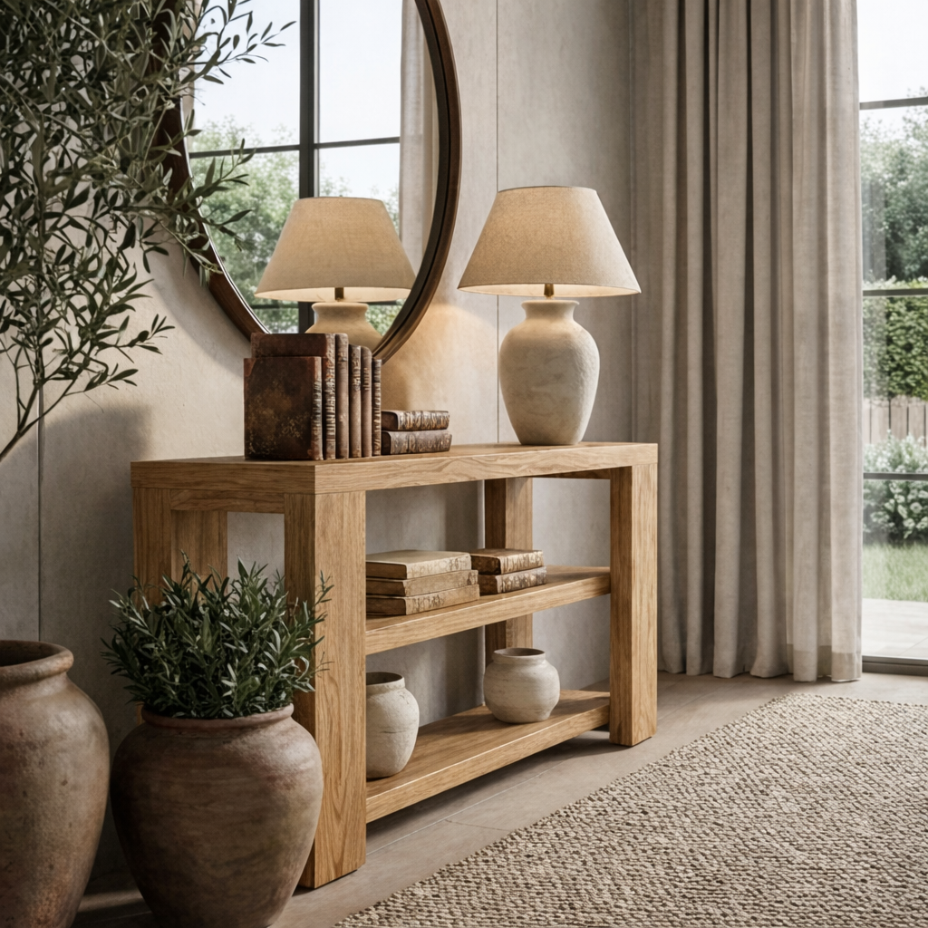 Modern Natural Wood Console Table With Open Shelves And Thick Frame For Living Room