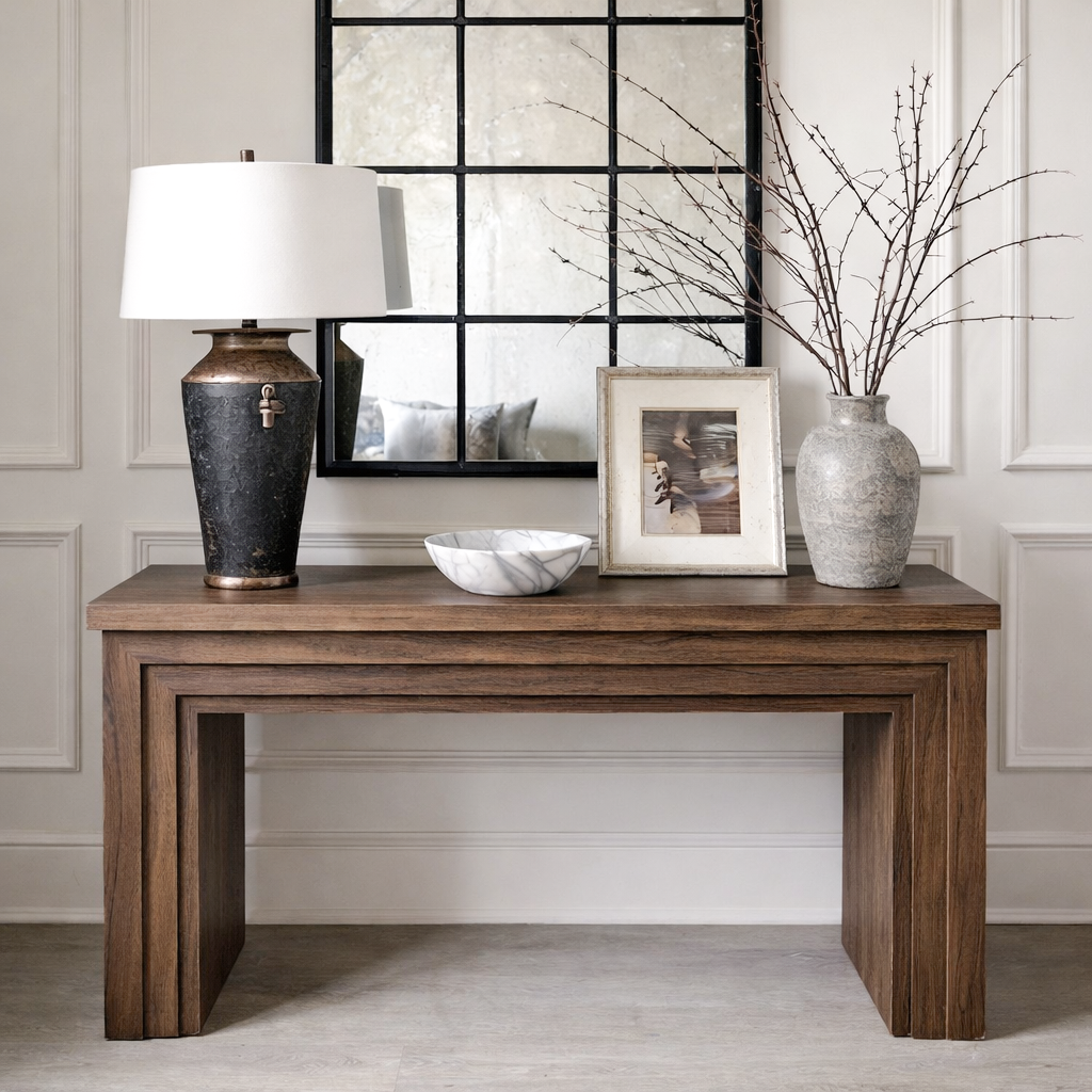 Modern Natural Wood Console Table With Rectangular Top And Layered Frame Base For Living Room