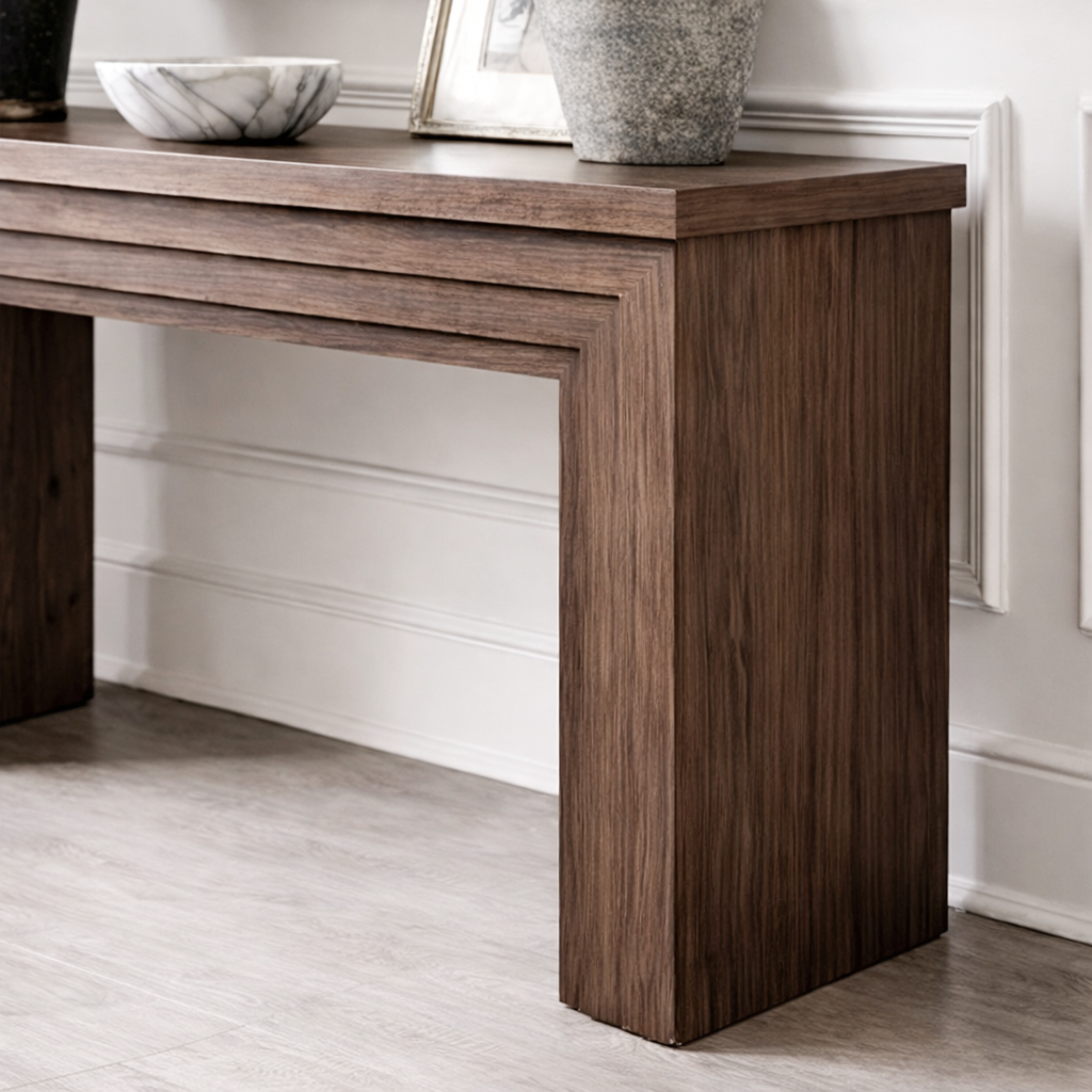 Modern Natural Wood Console Table With Rectangular Top And Layered Frame Base For Living Room