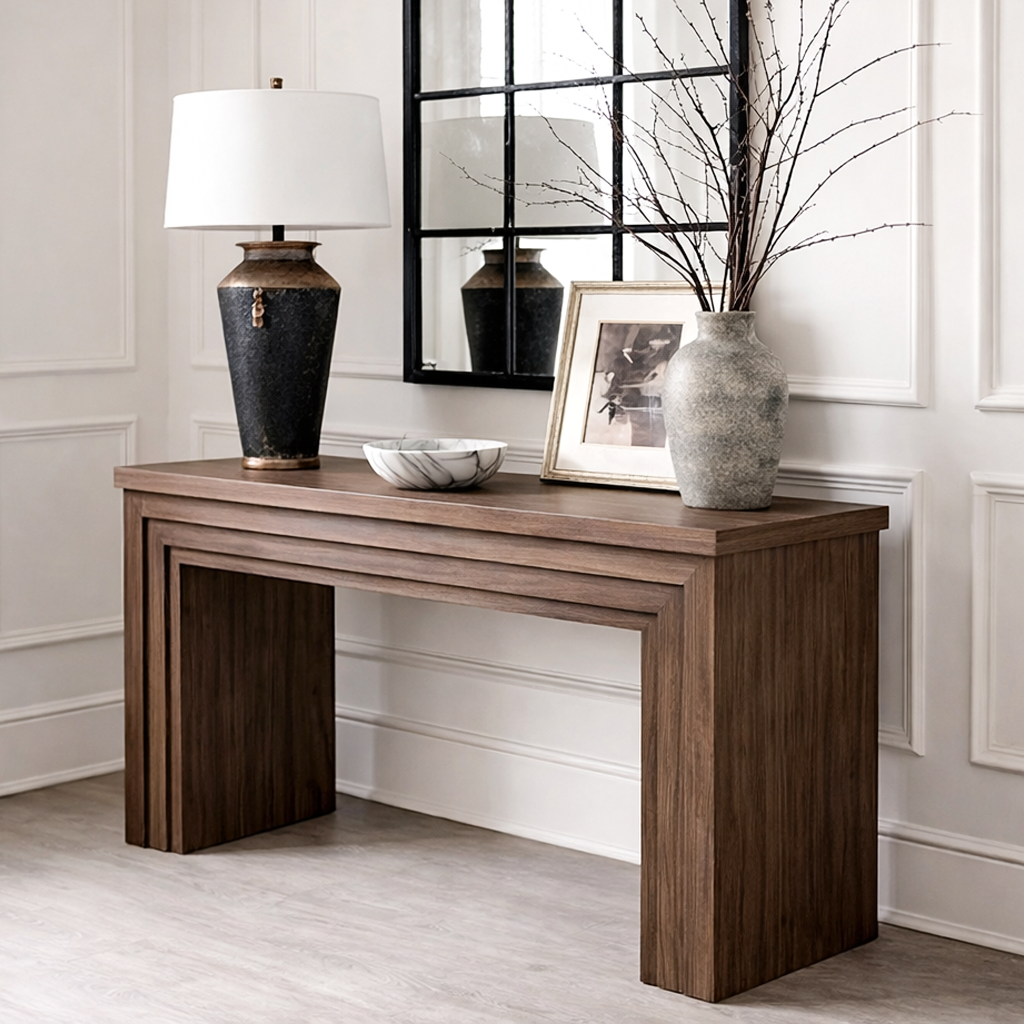 Modern Natural Wood Console Table With Rectangular Top And Layered Frame Base For Living Room