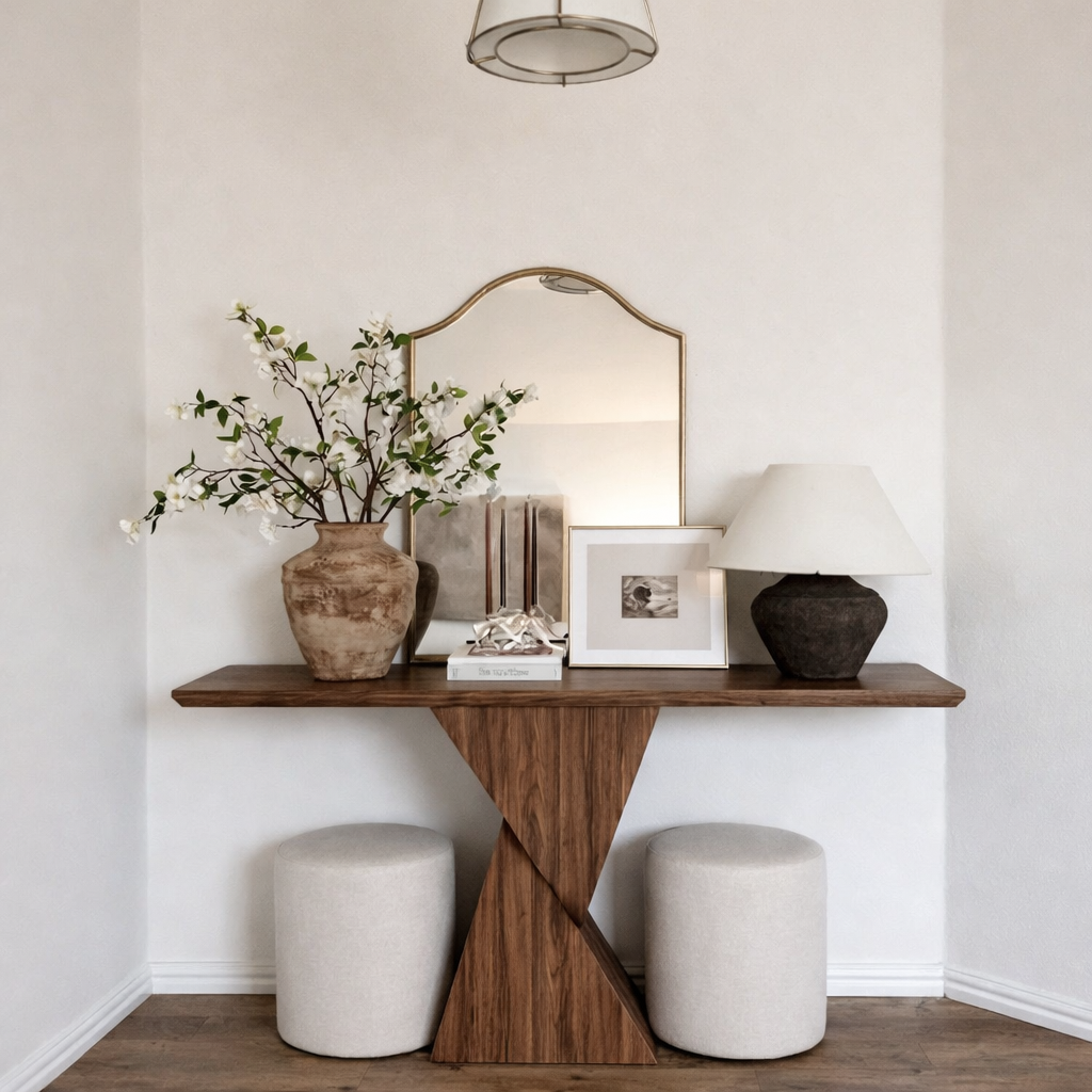 Modern Natural Wood Console Table With Sculptural Pedestal Base For Living Room