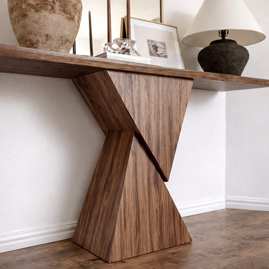 Modern Natural Wood Console Table With Sculptural Pedestal Base For Living Room