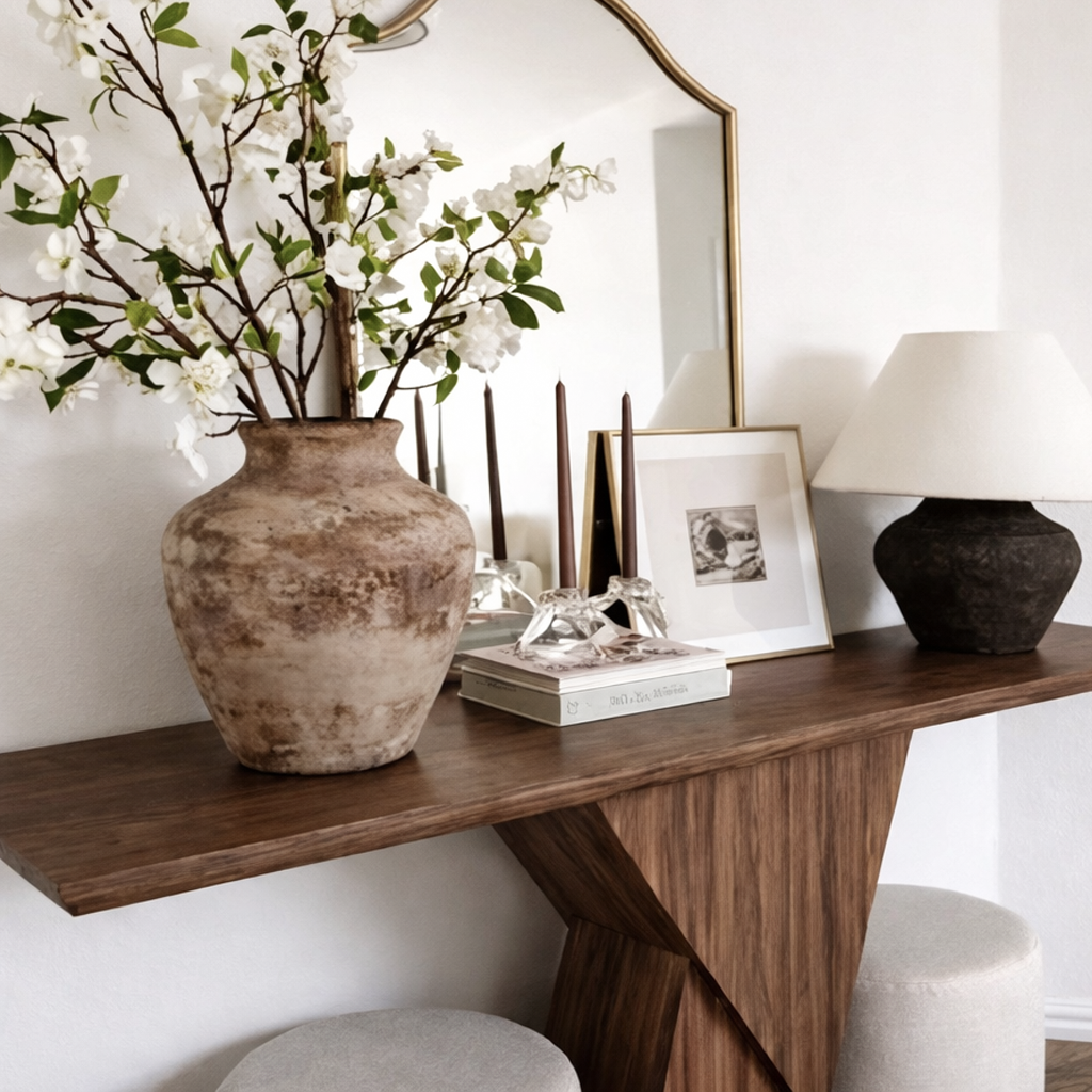 Modern Natural Wood Console Table With Sculptural Pedestal Base For Living Room