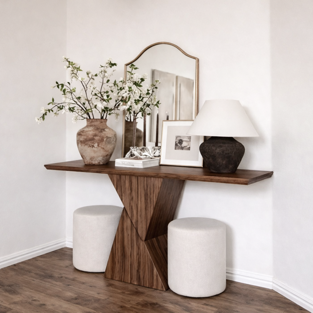 Modern Natural Wood Console Table With Sculptural Pedestal Base For Living Room