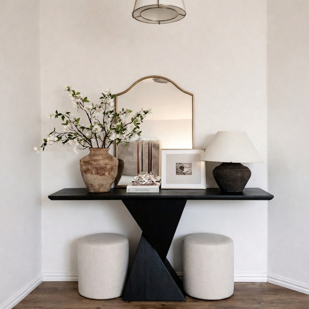 Modern Natural Wood Console Table With Sculptural Pedestal Base For Living Room