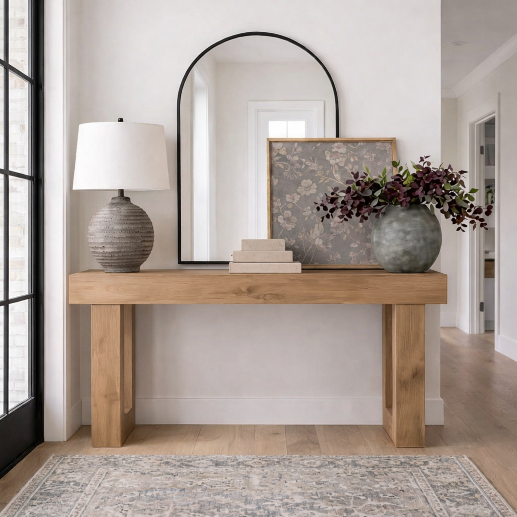 Modern Natural Wood Console Table With Thick Top And Block Legs For Living Room