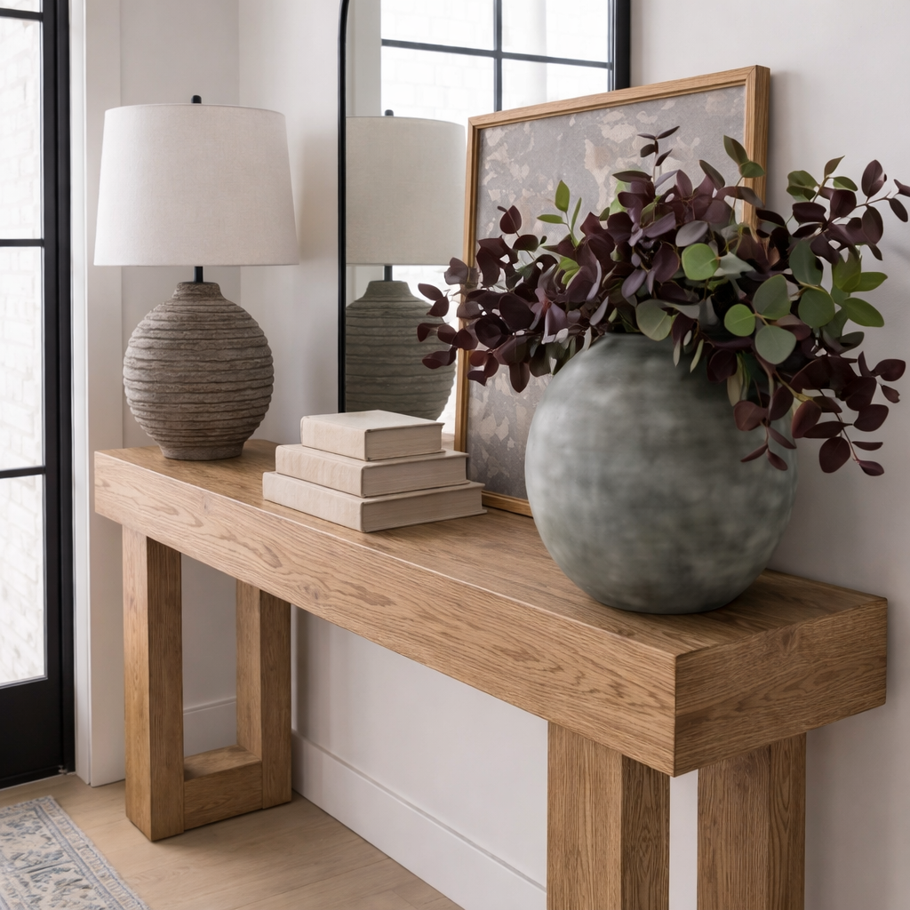 Modern Natural Wood Console Table With Thick Top And Block Legs For Living Room