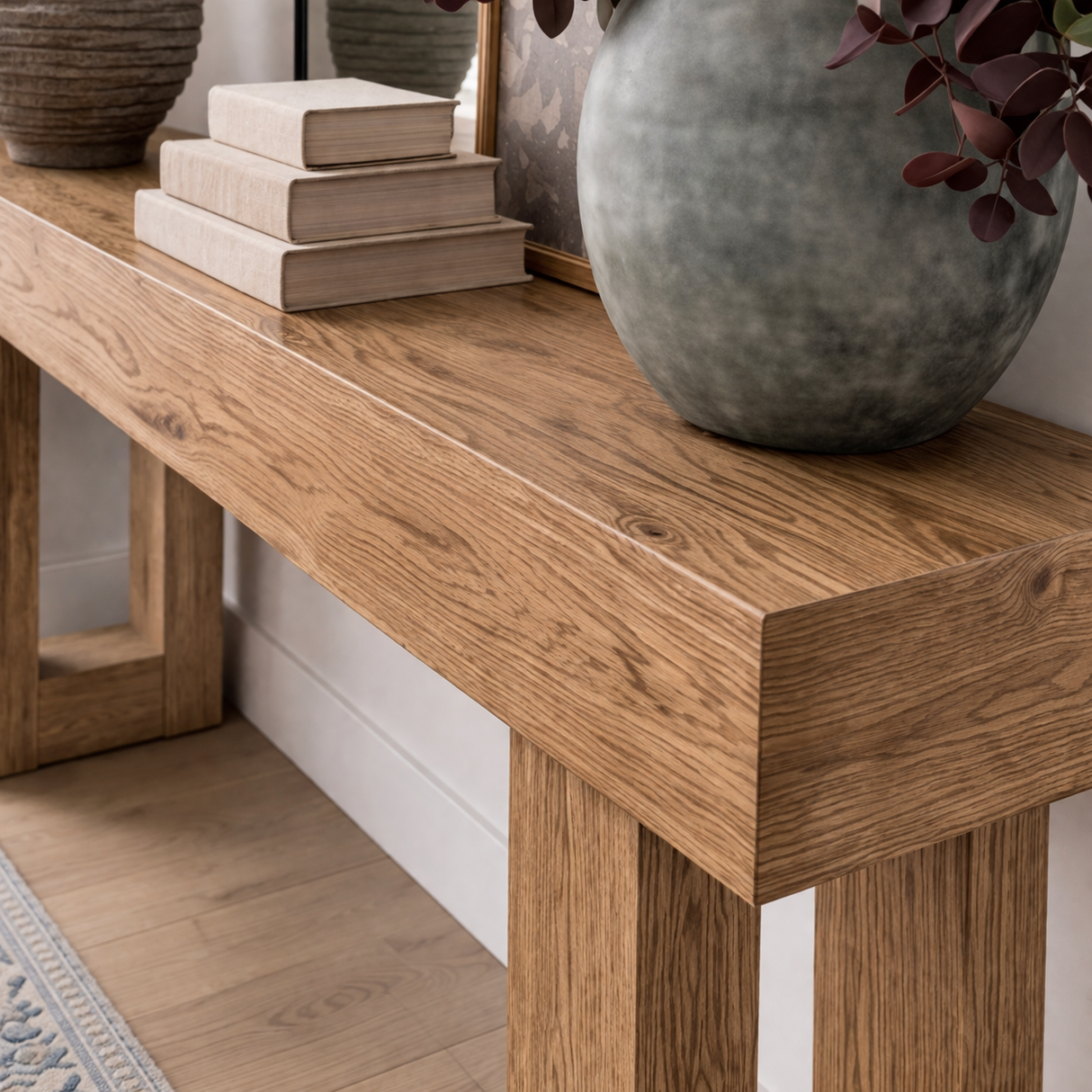 Modern Natural Wood Console Table With Thick Top And Block Legs For Living Room