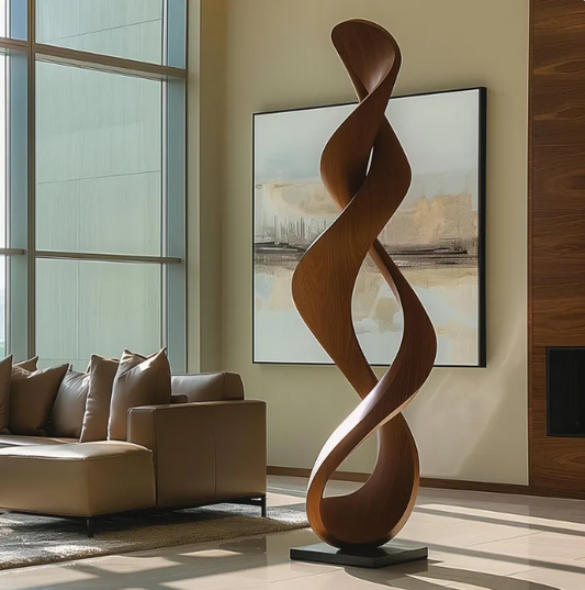 Tall Wooden Double Twist Sculpture | Modern Abstract Organic Solid Wood Art for Home or Office Decor