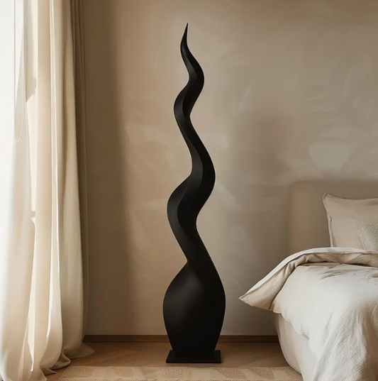 Tall Abstract Wood Sculpture, Hand Carved Black Flame Twist, Modern Luxury Floor Art, Statement Wooden Decor