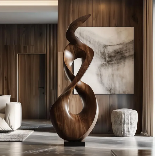 Tall Wooden Eternal Flow Sculpture – Handmade Modern Abstract Curved Twist | Solid Wood with Polished Grain Contemporary Statement Floor Art