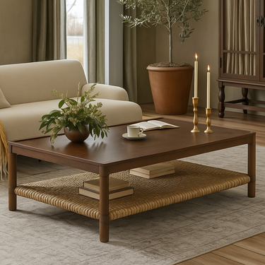 Farmhouse Solid Wood And Woven Rattan Coffee Table For Living Room