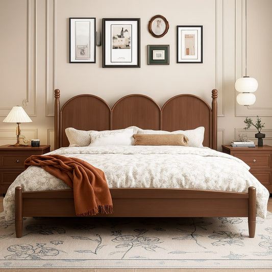 Farmhouse Wooden Bed Frame With Arched Headboard For Bedroom