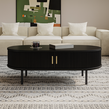 Mid-Century Oval Fluted Wooden Coffee Table For Living Room