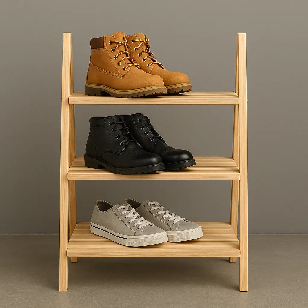 Compact Wooden Shoe Rack With Open Slatted Shelves In Natural Finish