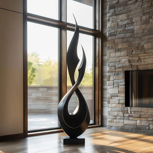 Tall Abstract Wood Sculpture – Handmade Solid Wood Carving Double Flame Form | Luxury Organic Modern Art for Living Room & Garden Decor