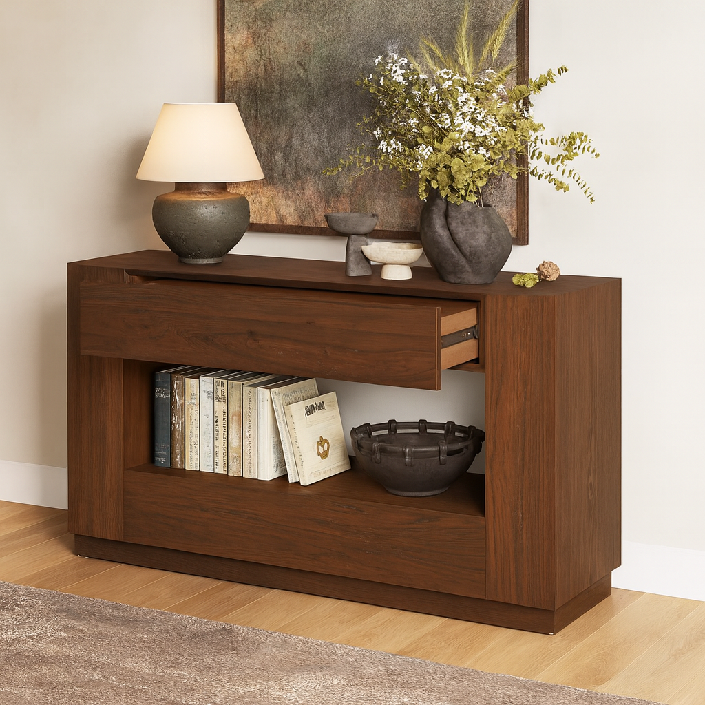 Farmhouse Rustic Solid Pine Wood Console Table With Drawer For Living Room