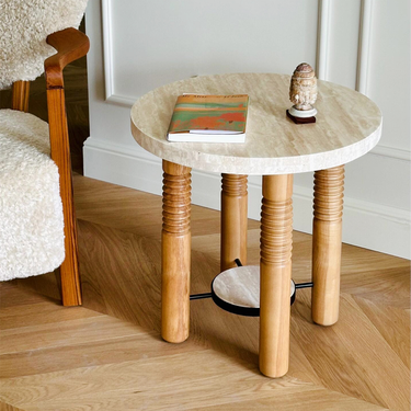 French Travertine Solid Wood Side Table For Living Room