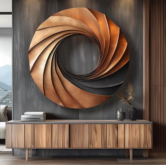 Round Wooden Wall Sculpture – Handmade Copper Finish Abstract Spiral Design | Modern Statement 3D Wall Art Decor