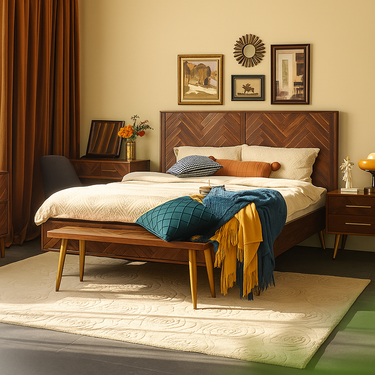 Mid-Century Solid Wood Bed Frame For Bedroom