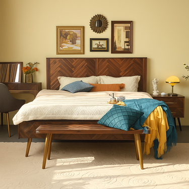 Mid-Century Solid Wood Bed Frame For Bedroom