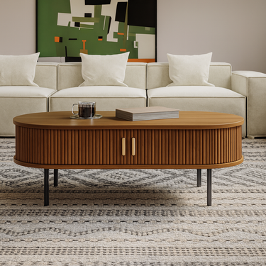 Mid-Century Oval Fluted Wooden Coffee Table For Living Room