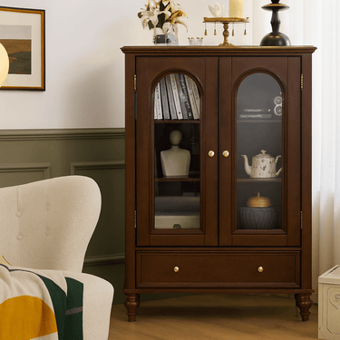 Classic Wooden Storage Cabinet With Glass Doors For Living Room