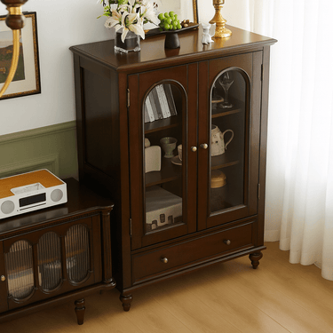 Classic Wooden Storage Cabinet With Glass Doors For Living Room