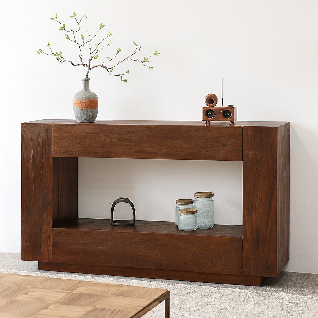 Farmhouse Rustic Solid Pine Wood Console Table With Drawer For Living Room