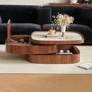 Contemporary Coffee Table With Curved Layers And Marble Top