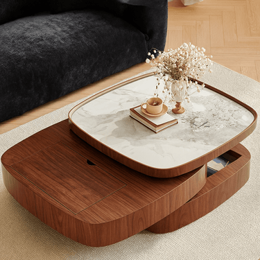 Contemporary Coffee Table With Curved Layers And Marble Top