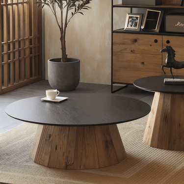 Contemporary Round Black Solid Wood Pedestal Coffee Table For Living Room
