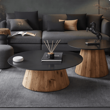 Contemporary Round Black Solid Wood Pedestal Coffee Table For Living Room