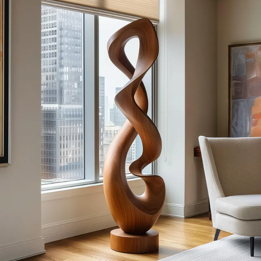 Tall Wooden Eternal Flow Sculpture – Handcrafted Double-Twist Design with Seamless Organic Curves | Modern Statement Art Décor