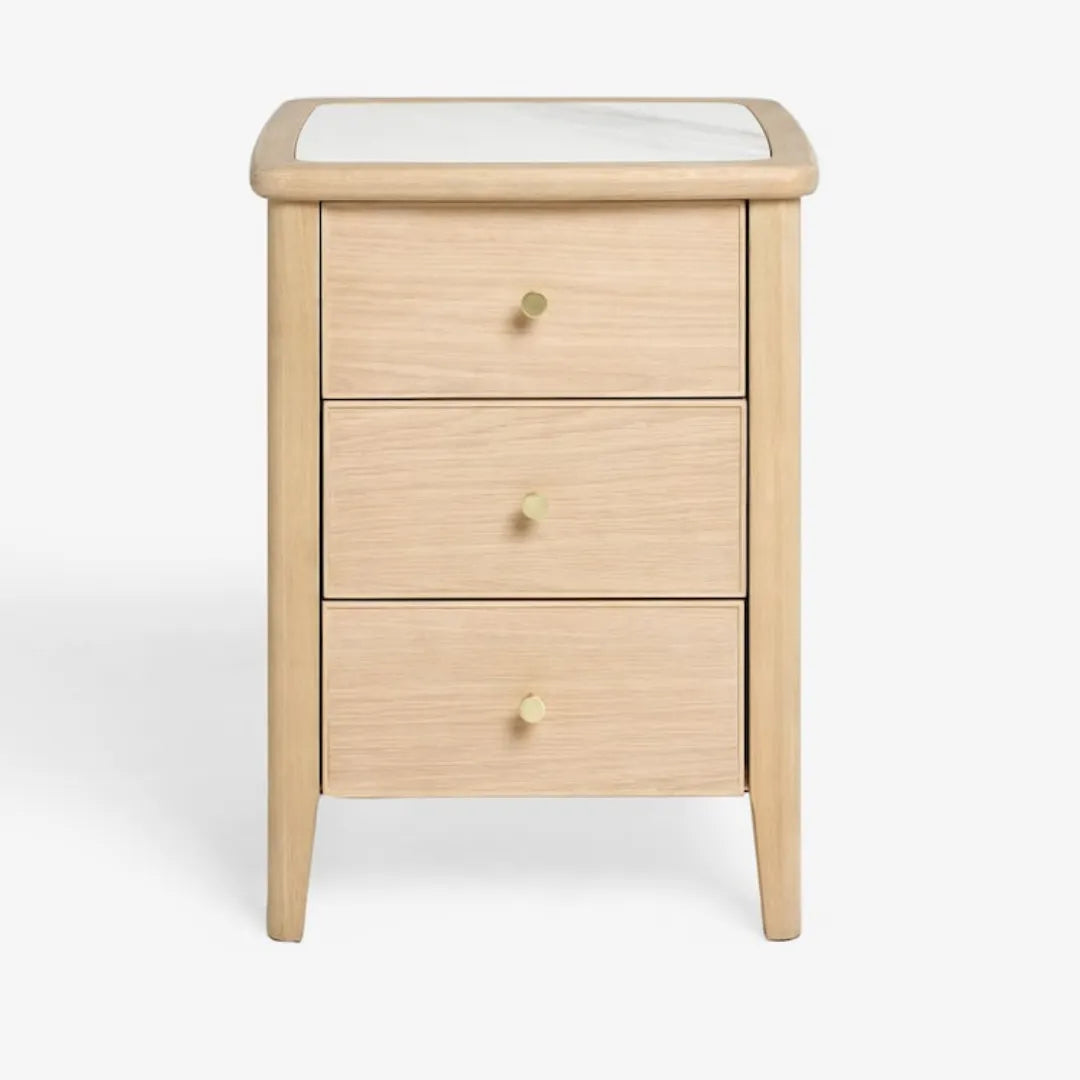 elegant wooden nightstand with marble top and gold knobs